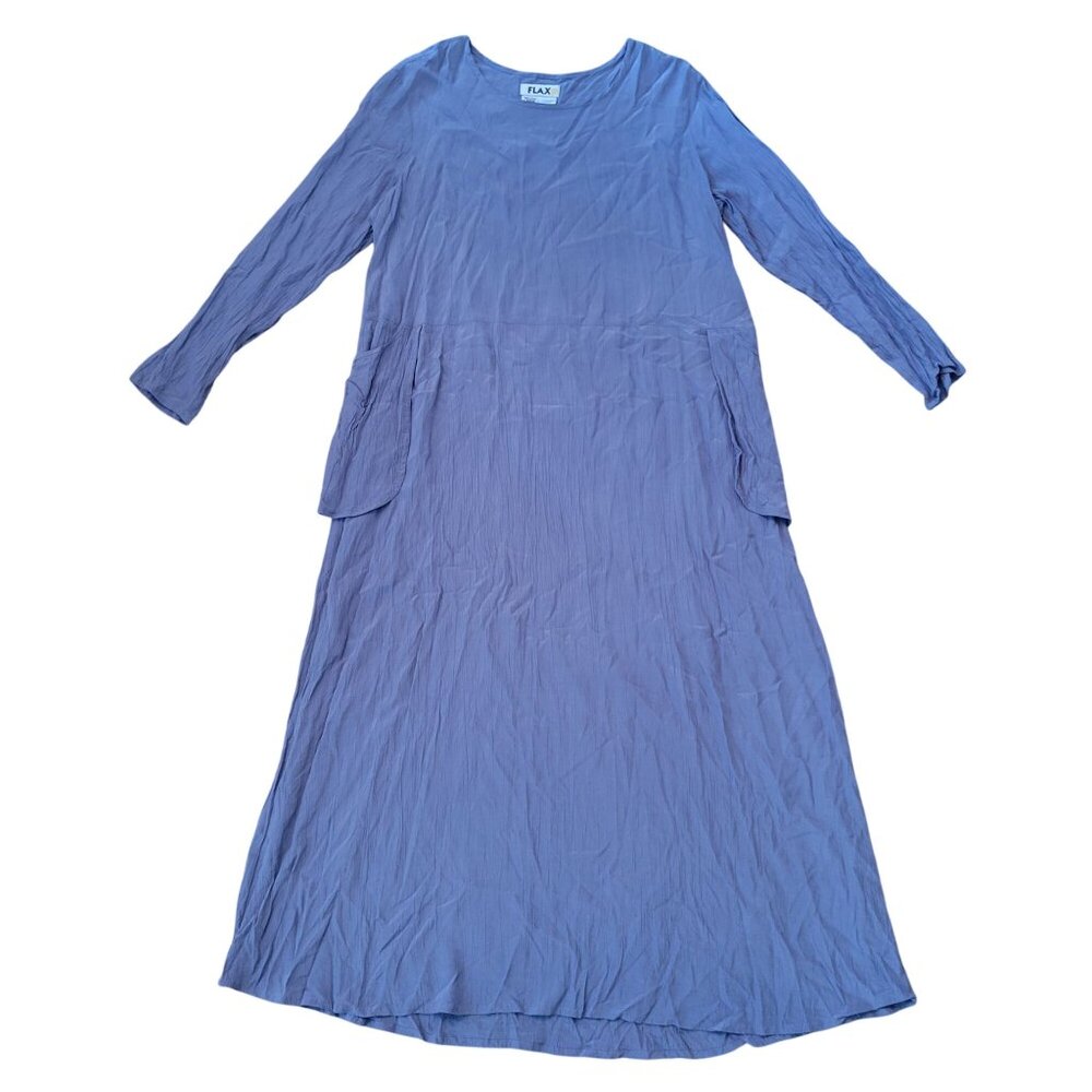 Flax L Long Sleeve Crinkle Rayon Maxi Dress Pockets Lagenlook Purple